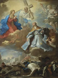 Sint Januarius die bij de Maagd Maria, Christus en God de Vader pleit voor slachtoffers van de pest