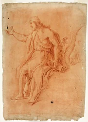 Sint Johannes de Doper predikend (recto); Mannelijke naakt met opgeheven armen en schetsen van hoofden (verso)