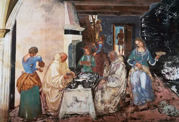 Benedictus vertelt de monniken waar en wanneer ze aten terwijl ze buiten het klooster waren, scène uit de Verhalen van St. Benedictus