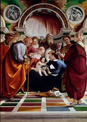De besnijdenis. Onder de afgebeelde personages: Sint-Jozef (met een stok), de Maagd Maria, Jezus Christus en Sint-Simeon (die zijn handen naar de hemel heft). Schilderij door Luca Signorelli (ca. 1445-1523) 1491 ongeveer. Londen, National gallery