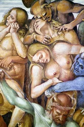 Verdoemden in de hel, detail met zelfportret van Luca Signorelli als blauwe demon