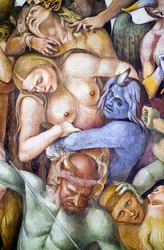 Verdoemden in de hel, detail met zelfportret van Luca Signorelli als blauwe demon