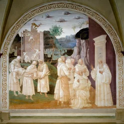 Leven van Sint-Benedictus: Sint-Benedictus wekt een werkende monnik op de bouwplaats van het klooster van Monte Cassino tot leven na de instorting van een muur door een demon
