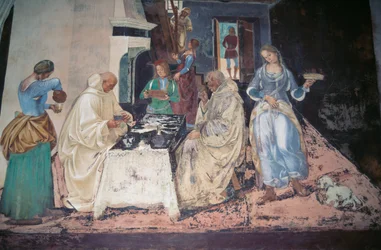 Sint Benedictus berispt twee monniken die de Regel hebben overtreden, scène uit de Verhalen van Sint Benedictus van Monte Oliveto Maggiore