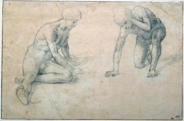 Twee gehurkte naakte mannen. Tekening van Luca Signorelli (1441-1523), 15e eeuw. H. 0,31 x 0,7 m, Parijs, Musée du Louvre