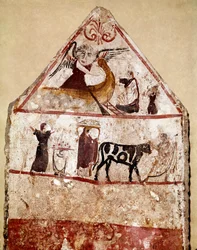 Een stier wordt naar het offeraltaar geleid. Lucanisch fresco uit de 4e eeuw v.Chr., uit de necropolis van Andriuolo in Paestum, Italië. Museo Nazionale Archeologico, Paestum