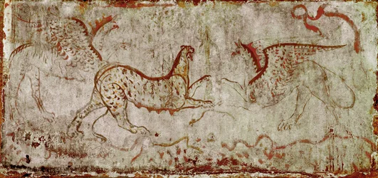 Gevecht tussen een panter en een griffioen. Lucanisch fresco uit de 4e eeuw v.Chr., afkomstig uit het Graf van de Ruiter, necropolis van Paestum, Italië. Museo Nazionale Archeologico, Paestum