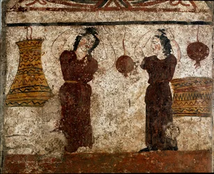Een groep dansers tijdens een begrafenisritueel Lucaanse fresco uit de 4e eeuw v.Chr., afkomstig uit de necropolis van Paestum, Italië. Museo nazionale archeologico, Paestum