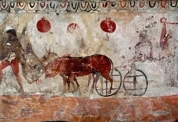 Een kuddehoeder en twee ezels. Lucanisch fresco uit de 4e eeuw v.Chr., uit de necropolis van Paestum, Italië. Museo Nazionale Archeologico, Paestum