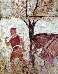 Een boer die twee paarden leidt. Lucanisch fresco uit de 4e eeuw v.Chr., afkomstig uit de necropolis van Paestum, Italië. Museo Nazionale Archeologico, Paestum