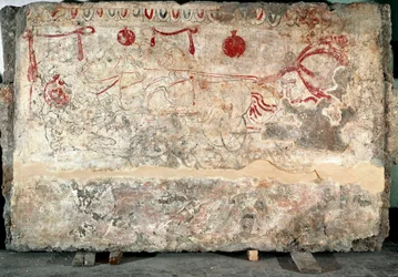 Een Lucaanse quadriga fresco uit de 4e eeuw v.Chr., uit de necropolis van Paestum, Italië. Nationaal Archeologisch Museum, Paestum