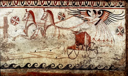 Een Victoria in een tweespan. Lucanisch fresco uit de 4e eeuw v.Chr., uit de necropolis van Paestum, Italië. Museo Nazionale Archeologico, Paestum