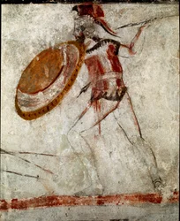 Een krijger met een speer en een schild. Lucanisch fresco uit de 4e eeuw v.Chr., uit het Graf van de Ruiter, Paestum, Italië. Museo Nazionale Archeologico, Paestum