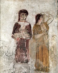 Portret van twee vrouwen Lucaanse fresco uit de 4e eeuw v.Chr., afkomstig uit het graf van de Ruiter, site van Paestum, Italië. Museo nazionale archeologico, Paestum