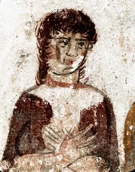 Portret van een vrouw. Lucanisch fresco uit de 4e eeuw v.Chr., uit het Graf van de Ruiter, archeologische vindplaats Paestum, Italië. Museo Archeologico Nazionale, Paestum