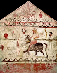 De terugkeer van de zegevierende krijger. Lucanisch fresco uit de 4e eeuw v.Chr., uit graf 86 in de necropolis van Andriuolo in Paestum, Italië. Museo Nazionale Archeologico, Paestum