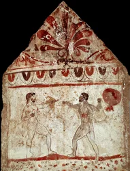 Twee atleten die een vuistgevecht (boksen) houden. Lucanisch fresco uit de 4e eeuw v.Chr., uit de necropool van Paestum, Italië. Museo Archeologico Nazionale, Paestum