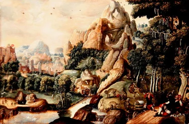 Een landschap met apen en mensen en een mythische stad op de achtergrond