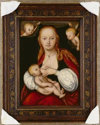 De Maagd en het Kind, driekwart lengte, met putti die een gordijn omhoog houden
