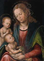 Deens:  Maria med barnet og den lille Johannes Maagd en kind aanbeden door de jonge Johannes