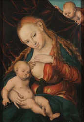 Duits: Madonna, dem Christkind die Brust reichend De maagd verpleegt het kind