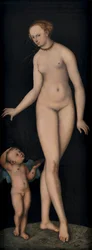 Venus met Cupido als honingdief tegen een zwarte achtergrond