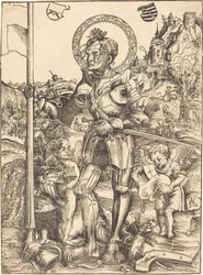 Sint-Joris staand, met twee engelen