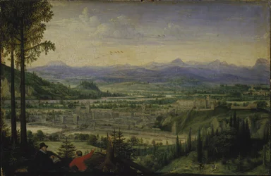Uitzicht op Linz met kunstenaar die tekent op de voorgrond, 1593