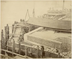 Bouw van het uitgebreide Limehouse Basin, Londen, mei 1869