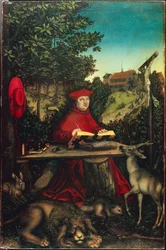 Kardinaal Albrecht van Brandenburg (1490-1545) als Sint Hiëronymus, door Lucas Cranach de Oude (1472-1553). Olie op hout