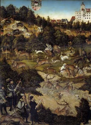 Jacht ter ere van Karel V op Kasteel Torgau (Duitsland). Detail. De keizer is waarschijnlijk een vertegenwoordiger beneden met een kruisboog. Schilderij door Lucas Cranach (1472-1553)