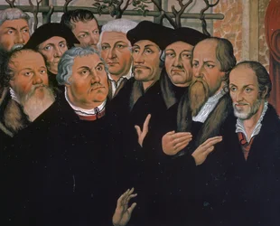 Maarten Luther met vertegenwoordigers van de protestantse reformatie, rechts Melanchthon, in het midden Erasmus van Rotterdam, detail van de Opstanding van Lazarus, schilderij door Lucas Cranach de Oude