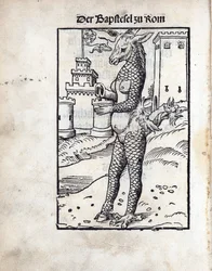 De Bapstesel zu Rom (De Paapse Ezel of De Pauselijke Ezel van Rome), door Lucas Cranach de Oude (1472-1553). Houtsnede