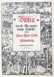 Titelpagina, met een fijne picturale rand uit "Biblia, das ist: Die gantze heilige Schrifft: Deudsch", vertaald door Martin Luther, 1560-1561