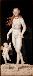 Venus en Cupido. Schilderij van Lucas Cranach de Jongere (1515-1586), circa 1540. Afmetingen: 196 x 89 cm. München, Alte Pinakothek