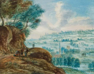 Figuren op een weg boven een uitgestrekt landschap (olieverf op paneel)
