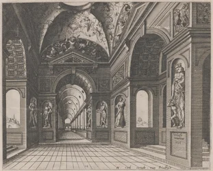 Interieur van een Kruisgewelfde Hal Versierd met Grotesken