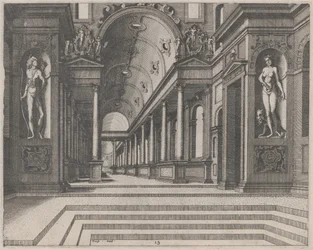 Uitzicht in een Kerk met Korinthische Zuilen en Beelden van Apollo, Melpomene en Mozes