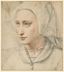 Busteportret van een vrouw met kap, half naar links gewend
