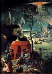 Lot en zijn dochters Lot omringt zijn twee dochters, toevlucht in de bergen om te ontsnappen aan de vernietiging van Sodom. Naakte meisjes bedwelmen hun vader. Schilderij door Lucas van Leyden (Lucas Hugensz of Lucas Jacobsz) (1494-1533)