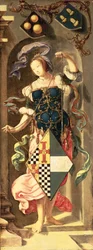 De genezing van de blinde man van Jericho, rechter zijpaneel van drieluik met jong meisje met het wapen van de patroon, 1531