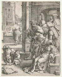 De dichter Vergilius opgehangen in een mand