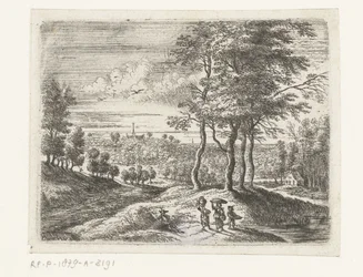 Boslandschap met twee vrouwen en een jongen met een mand