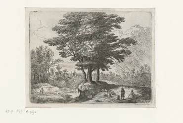 Drie bomen, een herder met schapen en een hond
