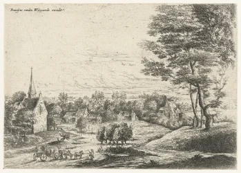 Gezicht op een dorp met een huifkar