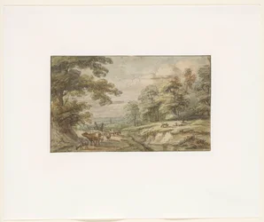 Heuvelachtig landschap met kudde schapen en koe
