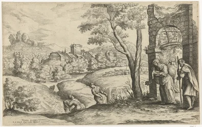 Landschap met de heilige familie en twee vroedvrouwen
