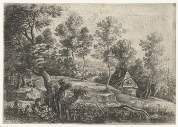 Landschap met een huis en een waterput
