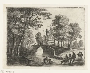 Landschap met een rivier, een brug en ruiters Kleine landschappen (serie)