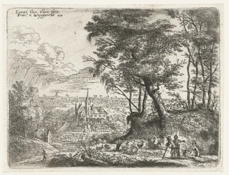 Landschap met in de verte een landhuis